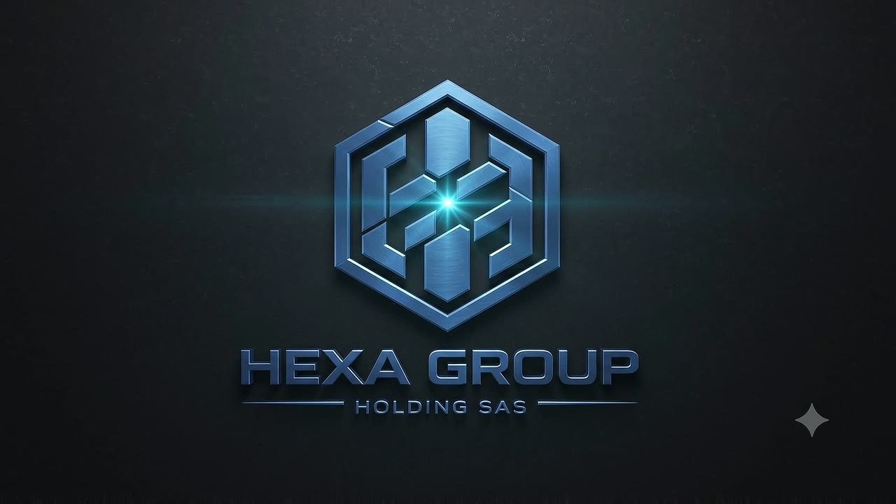 Isotipo de Hexa Group: un hexágono azul metálico con una H en el centro, sobre fondo oscuro, con el texto Hexa Group Holding SAS.